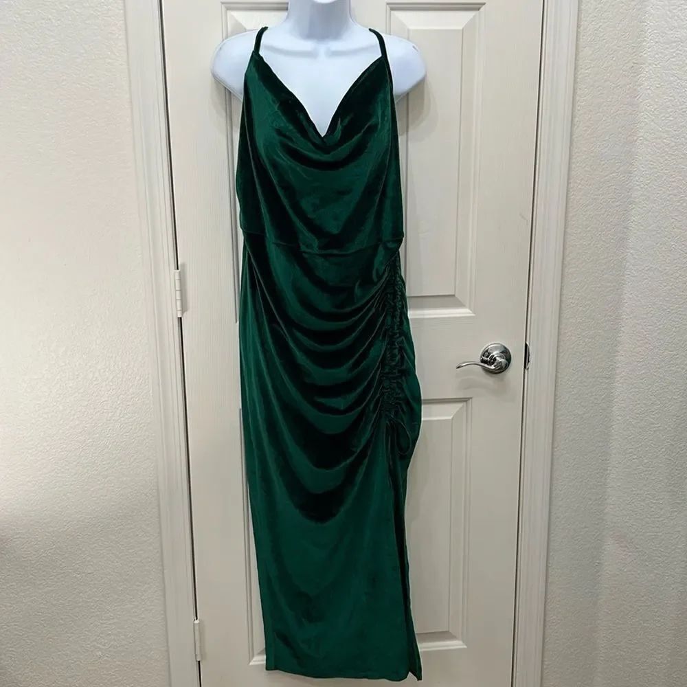 SHEIN Belle Dress Sz 2X Christmas Green Draped Neck Backless Slimming Ruched New